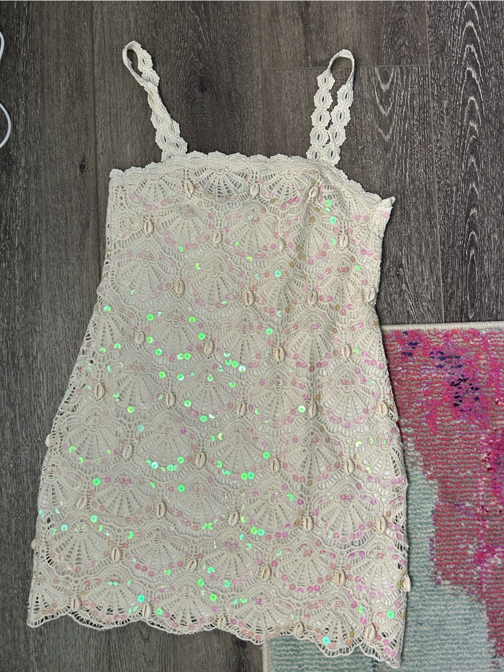 Altar’d State Cream Crochet Sequin & Shell Mini Dress